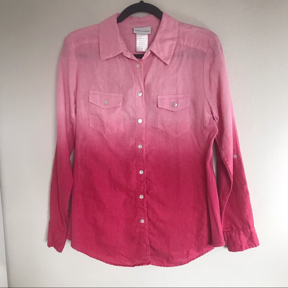 Soft Surroundings Pink Ombré Dip Dye Linen Button Up Shirt Size Medium Summer